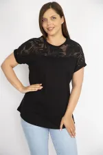 Kadın Beyaz Büyük Beden Pamuk Kumaş Robası Tül Aplike Uzun Bluz