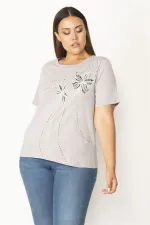 Kadın Gri Pamuklu Kumaş Ön Baskılı Kısa Kollu Bluz 65N27881