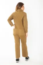 Women's Khaki Front Hidden Snap Button Pocket Denim Overalls 65N37370