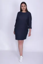 Kadın Lacivert Tensel Kot Yanları Metal Düğme Yırtmaçlı Yan Şeritli Elbise 65N25966