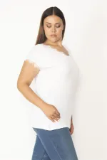 Kadın Beyaz Büyük Beden Pamuklu Kumaş V Yakalı Dantel Detaylı Düşük Kollu Bluz