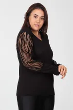 Kadın Siyah Kollari Tül Flok Bluz 65N12468