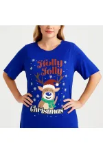 Kadın Büyük Beden Saks, Yaka Yırtık Detaylı, Yan Yırtmaçlı Baskılı Tunik 65N39247