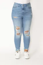 Kadın Mavi Yırtık Detaylı Yıkama Efektli 5 Cepli Skinny Kot Pantolon 65N28095