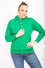 Kadın Siyah İçi Şardonlu 2 İplik Kumaş Ön Pat Düğmeli Kanguru Cep Ve Kapşonlu Sweatshirt 65N35462