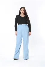 Kadın Büyük Beden Mavi Yüksek Bel Kargo Cepli Geniş Paçalı Kot Pantolon 65N38896