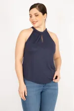 Kadın Haki Büyük Beden Halter Yaka Bluz