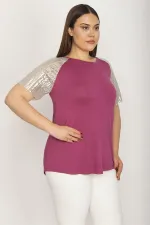 Kadın Büyük Beden Mor Kolları Payet Detaylı Bisiklet Yakalı Bluz 65N36882