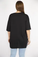 Kadın Büyük Beden Siyah Taş Ve İnci İşli Bisiklet Yakalı Yan Yırtmaçlı Bluz