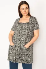 KADIN SİYAH YAKASI GİPE LASTİK VE CEP DETAYLI TUNİK