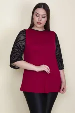 Kadın Bordo Kolları Flok Tül Detaylı Viskon Bluz 65N25580