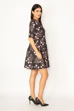 WOMEN'S BLACK ORNAMENT POCKET ZIPPERED FLORAL PATTERNED DRESS