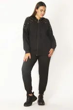 Kadın Siyah Ön Fermuarlı Taş Detaylı Kapşonlu Sweatshirt Pantolon Takım 65N28091