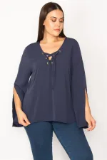 WOMEN'S WHITE COLLAR STRIPED BLOUSE WITH EYELET LACE DETAIL AND SLEEVE SLIT