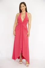 Kadın Fujya Büyük Beden Boyundan Bağlamalı Göğüs Büzgülü Uzun Elbise