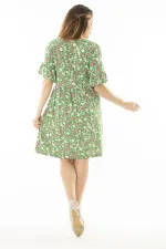 Kadın Büyük Beden Yeşil Kol Ağzı Volanlı Belden Büzgülü Çiçek Desenli Elbise 65N37079