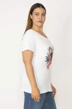 Kadın Büyük Beden Kemik Pamuklu Kumaş Ön Baskılı Kısa Kollu Bluz 65N36781