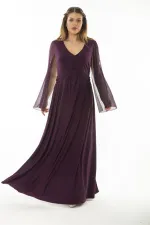 Kadın Büyük Beden Lacivert Bel Detaylı Kolları Tül Abiye Elbise 65N37065