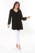 Kadın Büyük Beden Siyah Kolları Tül Önü A Pileli Tunik 65N37784
