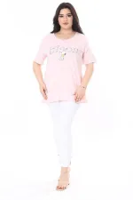 Kadın Büyük Beden Pembe Pamuk Kumaş Ön Baskılı Kısa Kollu Bluz 65N38014