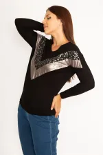 Kadın Siyah Önü Lame Bloglu V Yakalı Bluz  65N34483