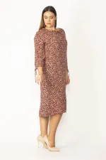 Kadın Bordo Yaka Ve Kolları Bağcık Detaylı Dokuma Viskon Kumaş Çıtır Desenli Elbise 65N28831