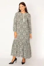 Kadın Siyah Dokuma Viskon Kumaş Etek Ucu Katlı Uzun Kollu Elbise 65N34324