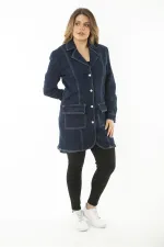 MANTEAU FEMME EN DENIM LYCRA BLEU MARINE AVEC BOUTON ET POCHE DEVANT