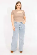 Kadın Mavi Büyük Beden Yıkama Efektli 5 Cepli Kot Pantolon 65N35545