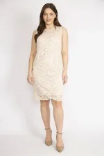 Kadın Bej Büyük Beden Arka Gizli Fermuarlı Astarlı Dantel Elbise