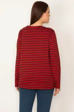 KADIN KIRMIZI BİSİKLET YAKALI UZUN KOLLU ÇİZGİLİ BLUZ