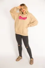 Kadın Camel İçi Şardonlu 3 İplik Kumaş Sırtı Dijital Baskılı Sweatshirt 65N35082