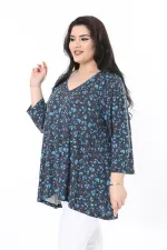 Kadın Büyük Beden Renkli V Yakalı Kapri Kol Desenli Bluz 65N38001