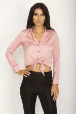 KADIN PEMBE ÖN BAĞLAMALI SATEN BLUZ