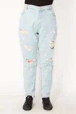 Kadın Mavi Yıkama Efektli Yırtık Detaylı Kot Pantolon 65N33945