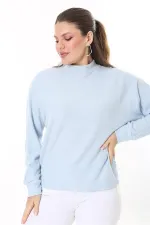 Kadın Büyük Beden Bebe Mavisi Yün Viskon Kumaş Yarasa Kollu Bluz 65N37703