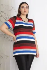Kadın Büyük Beden Renkli Kısa Kollu Triko Dokuma Çizgili Bluz 65N36838