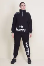 Kadın Gri Pat Fermuar Detaylı Şardonlu Baskılı Eşofman Takım 65N21019