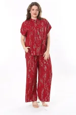 Kadın Büyük Beden Bordo Ön Düğmeli Bluz Beli Lastikli Panyolon İkili Takım 65N37971