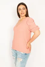 Kadın Gül Kurusu Yaka Ve Kol Ağzı Dantel Detaylı Likralı Gofre Kumaş Bluz 65N33320