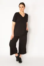 Kadın Fujya Kaşkorse Örme Beli Lastikli Geniş Paçalı Pantolon V Yakalı Bluz Takım 65N32939