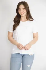 Kadın Beyaz Büyük Beden Pamuklu Kumaş Bisiklet Yakalı Kısa Kollu Bluz