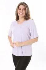 Kadın Büyük Beden Lila Yaka Detaylı Kısa Kollu Bluz 65N37852