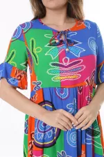 Kadın Büyük Beden Mavi Dokuma Viskon Kumaş Kısa Kollu Katlı Elbise 65N37762