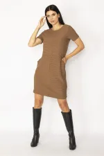 WOMEN'S BROWN SELF-STRIPED DRESS WITH POCKETS