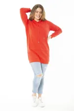 Women's Plus Size Red Double-Thread Hooded Sweatshirt with Raised Inside 65N37160