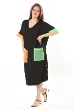 Kadın Büyük Beden Siyah File Ve Süs Düğme Detaylı Rahat Kesim Elbise 65N37859