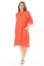 Kadın Büyük Beden Nar Ön Pat Düğmeli Süs Göğüs Cepli Kol Boyu Ayarlı Elbise 65N37871