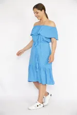 Kadın Mavi Büyük Beden Dokuma Viskon Kumaş Madonna Yaka Kuşaklı Elbise