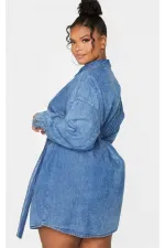 Kadın Büyük Beden Mavi , Yıkamalı Denim, Kuşak Detaylı Kot Elbise 65N38790